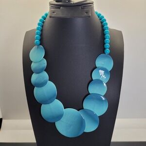 Blue Ombre Ceramic Disc Statement Necklace Turquoise Beaded Barrel Clasp 18in